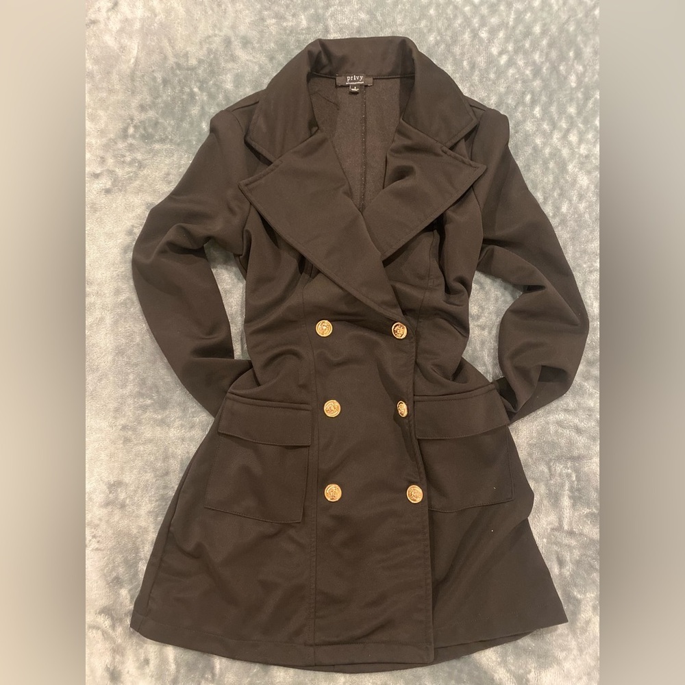 Small Black, Double-Breasted Blazer with Gold Snap Buttons. Fits Snug.